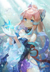 Rule 34 | 1girl, absurdres, blue eyes, blunt bangs, blush, bow, bowtie, breasts, cleavage, detached collar, fish, frilled sleeves, frills, genshin impact, gloves, hair ornament, highres, looking at viewer, noixen, pink hair, sangonomiya kokomi, short shorts, shorts, smile, solo, underwater, water drop, white gloves, wide sleeves