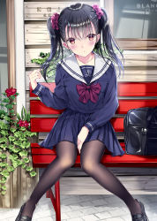 Rule 34 | 1girl, bad id, bad pixiv id, bag, bench, between legs, black footwear, black hair, black pantyhose, blue serafuku, blue skirt, blush, bow, breasts, collarbone, commentary request, hair between eyes, hair ornament, hair scrunchie, hand between legs, highres, knees together feet apart, kobayashi chisato, long hair, long shirt, looking at viewer, md5 mismatch, original, outdoors, pantyhose, plant, pleated skirt, red bow, red eyes, resolution mismatch, school uniform, scrunchie, serafuku, sitting, skirt, small breasts, solo, source smaller, twintails