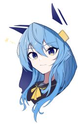 Rule 34 | 1girl, absurdres, animal hood, blending, blue eyes, blue hair, blue sailor collar, bow, closed mouth, commentary, hair between eyes, highres, hololive, hood, hoshimachi suisei, hoshimachi suisei (school uniform), long hair, looking at viewer, multicolored eyes, narukahana, portrait, sailor collar, sidelocks, smile, solo, star (symbol), star in eye, symbol in eye, virtual youtuber, white background, white hood, yellow bow, yellow eyes