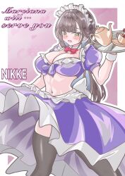 Rule 34 | 1girl, alternate costume, apron, black thighhighs, blush, breasts, brown eyes, brown hair, character name, crop top, dress, enmaided, goddess of victory: nikke, highres, holding, holding tray, large breasts, long hair, maid, maid headdress, malia wildcats, marciana (nikke), navel, navel piercing, piercing, purple dress, solo, thighhighs, tray