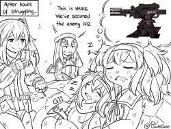 Rule 34 | 4girls, armband, assault rifle, beret, blunt bangs, bruise, cigarette, commentary, crossover, english commentary, english text, fingerless gloves, g11 (girls&#039; frontline), gambier bay (kancolle), girls&#039; frontline, gloves, greyscale, guin guin, gun, hair between eyes, hat, headband, hk416 (girls&#039; frontline), holding, holding gun, holding weapon, hood, hooded jacket, injury, jacket, kantai collection, long hair, long sleeves, monochrome, multiple girls, one side up, open clothes, open jacket, phone, rifle, scar, scar across eye, scar on face, scarf, sleeping, twintails, ump45 (girls&#039; frontline), weapon