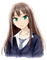 Rule 34 | 1girl, blue jacket, brown hair, collared shirt, earrings, green eyes, green necktie, head tilt, highres, idolmaster, idolmaster cinderella girls, itou yuuji, jacket, jewelry, long hair, looking at viewer, necklace, necktie, parted lips, shibuya rin, shirt, simple background, smile, solo, upper body, white background, white shirt, wing collar
