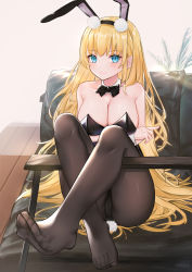 Rule 34 | 1girl, animal ears, arm under breasts, azur lane, black bow, black bowtie, black hairband, black leotard, black pantyhose, blonde hair, blue eyes, blush, bow, bowtie, breasts, cleavage, closed mouth, commentary request, detached collar, fake animal ears, feet, full body, hairband, highres, knees up, large breasts, leotard, lim (ramu), long hair, looking at viewer, no shoes, north carolina (azur lane), north carolina (the heart&#039;s desire) (azur lane), official alternate costume, pantyhose, pillow, playboy bunny, rabbit ears, sitting, smile, solo, strapless, strapless leotard, very long hair, wrist cuffs