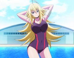 Rule 34 | 1girl, anime screenshot, armpits, arms behind head, blonde hair, blue eyes, breasts, cloud, competition swimsuit, keijo!!!!!!!!, kusakai mio, large breasts, one-piece swimsuit, outdoors, screencap, sky, smile, solo, standing, swimsuit