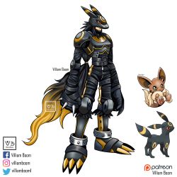 Rule 34 | 1boy, :3, absurdres, armor, arms at sides, artist name, belt, black hair, claws, commentary, creatures (company), digimon, eevee, english commentary, full body, game freak, gen 1 pokemon, gen 2 pokemon, helmet, highres, nintendo, parody, pokemon, red eyes, reference inset, solo, standing, style parody, tail, umbreon, villiam boom, white background, yellow eyes, zipper