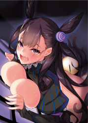 Rule 34 | 1girl, absurdres, against wall, ass, blush, bottomless, breast press, breasts, breasts out, butt crack, collar, crying, dean (momodean), dress, fate/grand order, fate (series), frilled collar, frills, from above, hair between eyes, hair ornament, hands up, highres, indoors, juliet sleeves, large breasts, legs, long hair, long sleeves, looking at viewer, monster, murasaki shikibu (fate), no panties, open mouth, puffy short sleeves, puffy sleeves, purple eyes, purple hair, rape, saliva, short sleeves, standing, tears, thighs, two side up