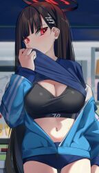 Rule 34 | 1girl, alternate costume, black hair, black sports bra, blue archive, blue buruma, blurry, blurry background, breasts, buruma, cleavage, clothes lift, cosplay, covering own mouth, halo, highres, jacket, large breasts, lifted by self, long hair, midriff, navel, red eyes, rio (blue archive), shirt lift, solo, sports bra, stomach, track jacket, very long hair, wakamepiza, yuuka (blue archive), yuuka (blue archive) (cosplay), yuuka (track) (blue archive)