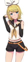 Rule 34 | 1girl, absurdres, arm warmers, bare shoulders, belt, black collar, black shorts, black sleeves, blonde hair, blue eyes, bow, collar, collarbone, commentary, cowboy shot, crop top, hair bow, hair ornament, hairclip, hand on own neck, hands up, head tilt, highres, kagamine rin, light smile, midriff, navel, neckerchief, nishikino kee, sailor collar, school uniform, shirt, short hair, short shorts, shorts, shoulder tattoo, sleeveless, sleeveless shirt, solo, standing, swept bangs, tattoo, thigh gap, treble clef, vocaloid, white bow, white shirt, yellow neckerchief