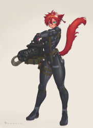 Rule 34 | 1girl, ammunition belt, ammunition chute, animal ears, armor, artist name, warrior of light (ff14), belt-fed, bodysuit, breasts, cat ears, cat girl, cat tail, commentary, commission, english commentary, explosive, facial mark, fang, final fantasy, final fantasy xiv, full body, gatling gun, green eyes, grenade, grey background, gun, hand grenade, heterochromia, highres, holding, holding gun, holding weapon, large breasts, machine gun, medium machine gun, minigun, multiple-barrel firearm, muscular, muscular female, muzzle clamp, nonneim, open mouth, original, purple eyes, red hair, rotary machine gun, short hair, simple background, slit pupils, solo, standing, tail, thigh strap, tongue, watermark, weapon