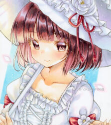 Rule 34 | 1girl, alternate costume, blue background, blush, brown eyes, brown hair, closed mouth, cross-laced clothes, flower, hashtag-only commentary, hat, hat flower, hieda no akyuu, hieda no akyuu (white page of gensokyo&#039;s history), looking at viewer, marker (medium), nekofish666, short hair, short sleeves, smile, solo, touhou, touhou lostword, traditional media, twitter username, upper body, white hat
