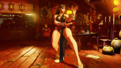 Rule 34 | 1girl, 3d, alternate costume, bare legs, bare shoulders, braid, breasts, capcom, china dress, chinese clothes, chun-li, dress, female focus, full body, highres, long hair, nail polish, shoes, solo, street fighter, street fighter v