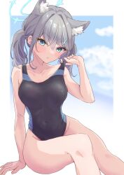 Rule 34 | 1girl, absurdres, animal ear fluff, animal ears, bad source, black one-piece swimsuit, blue archive, blue eyes, blue sky, blush, breasts, clothes lift, cloud, collarbone, competition swimsuit, covered navel, cross hair ornament, extra ears, grey hair, hair ornament, halo, highleg, highleg swimsuit, highres, low ponytail, medium breasts, medium hair, mismatched pupils, multicolored clothes, multicolored swimsuit, one-piece swimsuit, parted lips, shiroko (blue archive), shiroko (swimsuit) (blue archive), shishishi, sitting, sky, solo, strap pull, swimsuit, swimsuit lift, wolf ears