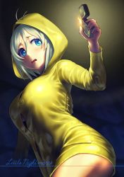 Rule 34 | .live, 1girl, antenna hair, blue eyes, blush, bottomless, breasts, cosplay, cowboy shot, dokiyuri, from below, highres, holding, holding lighter, large breasts, lighter, little nightmares, long sleeves, looking away, naked raincoat, original, parted lips, raincoat, silver hair, dennou shoujo siro, siroyoutuber, six (little nightmares), six (little nightmares) (cosplay), solo, virtual youtuber