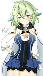 Rule 34 | 1girl, animal ears, blue dress, blush, breasts, capelet, cleavage, clenched hand, detached sleeves, dress, fur trim, genshin impact, gloves, gold trim, green hair, hand on own hip, head tilt, highres, looking at viewer, medium breasts, signature, smile, solo, sucrose (genshin impact), thighs, white (user udep3524), white background, yellow eyes