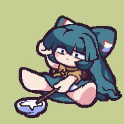 Rule 34 | 1girl, animated, animated gif, barefoot, blue eyes, blue hair, blue skirt, bow, bowl, brown hoodie, chibi, closed mouth, commentary request, debt, drumming, drumsticks, frown, full body, green background, hair between eyes, hair bow, highres, holding, holding drumsticks, hood, hood down, hoodie, long hair, looping animation, medium bangs, pixel art, short sleeves, simple background, skirt, solo, tonchamon san, touhou, very long hair, yorigami shion