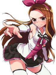 Rule 34 | 1girl, angry, armpits, bent over, blush, bow, brown eyes, brown hair, cosplay, detached sleeves, hair bow, idolmaster, idolmaster (classic), kizuna ai, kizuna ai (cosplay), kizuna ai inc., long hair, looking at viewer, minase iori, shift (waage), simple background, solo, thighhighs, virtual youtuber