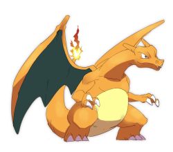 Rule 34 | charizard, claws, closed mouth, commentary request, creatures (company), fangs, fangs out, fire, fire, flame-tipped tail, full body, game freak, gen 1 pokemon, green eyes, legs apart, morio (poke orio), nintendo, no humans, pokemon, pokemon (creature), simple background, smile, solo, standing, white background