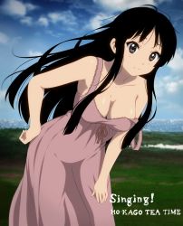 Rule 34 | 1girl, absurdres, akiyama mio, beach, black hair, blue sky, breasts, cleavage, cloud, day, dress, field, grass, grey eyes, hand on own hip, hand on own thigh, hand on thigh, highres, hip focus, horiguchi yukiko, k-on!, k-on! movie, large breasts, leaning forward, looking at viewer, ocean, off shoulder, official art, outdoors, photo background, singing! (k-on!), sky, sleeveless, sleeveless dress, solo, strap slip, sundress