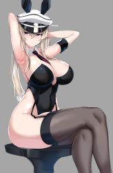 Rule 34 | 1girl, absurdres, adapted costume, animal ears, armband, armpits, arms up, bare shoulders, black leotard, black necktie, black thighhighs, blonde hair, breasts, cleavage, crossed legs, detached collar, fake animal ears, garter straps, graf zeppelin (kancolle), hair between eyes, hat, highleg, highleg leotard, highres, huge breasts, kantai collection, leotard, long hair, looking at viewer, maruyaa (malya1006), military hat, necktie, peaked cap, playboy bunny, rabbit ears, rabbit tail, sidelocks, simple background, sitting, solo, strapless, strapless leotard, tail, thighhighs, thighs, twintails, white hat, wrist cuffs