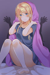 Rule 34 | 1girl, ayase eli, barefoot, bed sheet, blanket, blonde hair, blue eyes, blush, commentary request, groping motion, hair between eyes, hair down, knees up, love live!, love live! school idol project, mogu (au1127), nightgown, purple background, scared, shadow, short sleeves, sitting, solo focus, under covers, wavy mouth