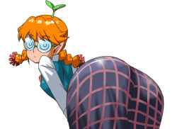 Rule 34 | 10s, 1girl, ass, ass focus, bent over, braid, coke-bottle glasses, freckles, freckles (space dandy), glasses, hip focus, huge ass, long hair, looking at viewer, looking back, nekuneku, orange hair, plaid, plaid skirt, plant, plant on head, school uniform, simple background, skirt, solo, space dandy, twin braids, white background, wide hips