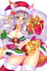 Rule 34 | 1girl, a.yuuki, animal ears, areola slip, bell, blunt bangs, blush, bow, breasts, christmas, cleavage, fang, flower, foreshortening, gift, glasses, hair flower, hair ornament, large breasts, nail polish, open mouth, original, reaching, reaching towards viewer, sack, santa costume, seiken orochi chronicle, solo, tail, thighhighs, white hair, yellow eyes