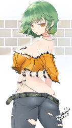 Rule 34 | 1girl, adjusting clothes, adjusting panties, armlet, artist name, ass, belt, black panties, bracelet, breast tattoo, breasts, brick, butt crack, camouflage belt, choker, commentary request, crop top, dated, denim, earrings, green hair, highres, hikage (senran kagura), jeans, jewelry, kinako (mzknk0), large breasts, looking at viewer, medium hair, open mouth, orange shirt, panties, pants, senran kagura, shirt, slit pupils, solo, tattoo, thong, torn clothes, torn jeans, torn pants, torn shirt, twitter username, underwear, white background, yellow eyes