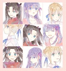 Rule 34 | 3girls, ahoge, artoria pendragon (all), artoria pendragon (fate), black hair, black ribbon, blonde hair, blue eyes, blue ribbon, blush, border, braid, closed eyes, collared shirt, commentary, cross print, double-parted bangs, expressions, fate/stay night, fate (series), flustered, hair between eyes, hair ribbon, highres, jacket, looking at viewer, looking down, looking to the side, looking up, machi (uqyjee), matou sakura, medium hair, multiple girls, neck ribbon, open mouth, parted bangs, pink border, pink jacket, pink ribbon, purple hair, red shirt, ribbon, saber (fate), shirt, sidelocks, smile, smug, tohsaka rin, twintails, white background, white shirt