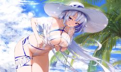 Rule 34 | 1girl, alchemy stars, azure (alchemy stars), azure (warm night air) (alchemy stars), blue eyes, breasts, casual one-piece swimsuit, choker, cleavage, cloud, covered navel, day, grey hair, groin, hat, highres, kazari tayu, large breasts, leaning forward, lens flare, long hair, looking at viewer, one-piece swimsuit, open mouth, outdoors, palm tree, sidelocks, smile, solo, standing, sun hat, swimsuit, tree, white hat, wristband