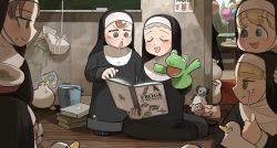 Rule 34 | 6+girls, :d, ^ ^, aged down, balloon, bird, blonde hair, blue eyes, book, book stack, bowl, brown eyes, brown hair, bucket, bucket of water, chalk, chalkboard, chicken, cleaning, closed eyes, clumsy nun (diva), commentary, crying, cup, diva (hyxpk), doorway, drooling, duck, english commentary, food, food on face, freckles, frog, froggy nun (diva), glasses, grey hair, habit, hand on another&#039;s head, hand puppet, hanging, happy tears, head rest, hedge, highres, hungry nun (diva), little nuns (diva), mouth hold, multiple girls, nun, oatmeal, open mouth, oversized clothes, pig, poster (object), puppet, rag, red eyes, red hair, safety pin, sheep, sheep nun (diva), smile, sparkling eyes, spicy nun (diva), sticker, streaming tears, string, table, teacup, tearing up, tears, thumbs up, traditional nun, tree, triangle mouth, wooden floor, yellow eyes