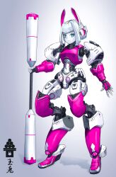 Rule 34 | 1girl, absurdres, animal ears, armor, blue eyes, colored skin, commentary request, digitigrade, full body, highres, hispol (04-uma-alpha), holding, holding staff, joints, looking at viewer, mecha musume, original, rabbit ears, rabbit girl, robot girl, robot joints, short hair, solo, staff, standing, white hair, white skin