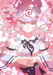 Rule 34 | 1girl, arm garter, black ribbon, blue bow, blue ribbon, bow, cherry blossom print, closed mouth, commentary request, expressionless, falling petals, feet out of frame, floral print, frilled bow, frilled shirt collar, frills, ghost, hat, highres, hitodama, kerok (joniko1110), lips, looking at viewer, mob cap, obi, open mouth, petals, pink eyes, pink hair, purple bow, ribbon, ribbon-trimmed bow, saigyouji yuyuko, sash, short hair, simple background, solo, standing, touhou, triangular headpiece, upper body, wavy hair, white background, wide sleeves