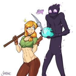 Rule 34 | 1girl, abs, alex (minecraft), breasts, choker, cleavage, crop top, diamond (gemstone), enderman, gloves, green eyes, height difference, highres, long hair, medium breasts, minecraft, muscular, muscular female, open mouth, orange hair, pickaxe, shardanic, sound effects, toned, white background
