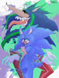 Rule 34 | artist name, black sclera, blue fur, chain, claws, colored sclera, coraeli, furry, glitch, gloves, green eyes, green stripes, high heels, highres, looking at viewer, muzzle, open mouth, paralyzis (coraeli), ping (coraeli), red footwear, smile, sonic.exe, sonic (series), sonic the hedgehog, teeth, tongue, tongue out, virus, white gloves, white stripes