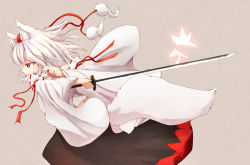 Rule 34 | 1girl, animal ears, covering own mouth, denak, detached sleeves, fighting stance, grey background, hat, highres, inubashiri momiji, katana, leaf, maple leaf, pom pom (clothes), profile, red eyes, simple background, skirt, sword, tail, tokin hat, touhou, weapon, wide sleeves, wolf ears, wolf tail