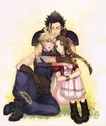 Rule 34 | 1girl, 2boys, aerith gainsborough, armor, arms around neck, baggy pants, bangle, belt, black gloves, black hair, blonde hair, blue eyes, blue pants, boots, bracelet, braid, braided ponytail, breasts, brown gloves, brown hair, buttons, choker, cleavage, closed eyes, cloud strife, crossed arms, dress, falling feathers, feathers, final fantasy, final fantasy vii, flower, full body, ghost, gloves, grass, green eyes, hair between eyes, hair ribbon, hair slicked back, halu-ca, highres, hugging own legs, jacket, jewelry, long dress, long hair, medium breasts, multiple belts, multiple boys, pants, parted bangs, parted lips, pink dress, pink ribbon, red jacket, ribbon, scar, scar on face, short hair, short sleeves, shoulder armor, sidelocks, signature, sitting, sleeveless, sleeveless turtleneck, smile, spiked hair, suspenders, transparent, turtleneck, yellow background, yellow flower, zack fair