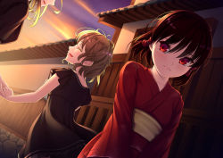 Rule 34 | 3girls, alternate costume, alternate hair length, alternate hairstyle, alternate universe, architecture, black dress, blonde hair, book, brown hair, closed eyes, cloud, commentary request, cowboy shot, dress, dutch angle, east asian architecture, facing away, from behind, hair between eyes, hair tubes, hakurei reimu, head tilt, highres, holding, holding book, holding hands, japanese clothes, kimono, kirisame marisa, light frown, looking at viewer, multiple girls, no headwear, nuppa, obi, open mouth, petticoat, purple sky, red eyes, red kimono, sash, short hair, sideways mouth, sky, smile, standing, sunset, touhou, upper body, v arms, wind, wind lift