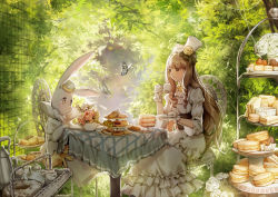 Rule 34 | 1girl, animal, basket, breasts, brown eyes, brown hair, bug, butterfly, cake, chair, clothed animal, cookie, cup, dress, flower, food, formal, fruit, garden, gloves, grapes, hat, holding, holding cup, insect, layered dress, leclle, long hair, long sleeves, looking at another, macaron, original, outdoors, pastry, plant, rabbit, rose, sandwich, sash, sidelocks, sitting, solo, sunlight, table, tablecloth, teacup, teapot, tiered serving stand, tiered tray, top hat, white dress, white flower, white gloves, white hat, white rose