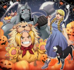 Rule 34 | 2girls, 3boys, absurdres, alphonse elric, animal costume, arm up, armor, axe, bandana, blonde hair, blue dress, blue eyes, braid, brothers, den (fma), dog, dress, e bbbba, earrings, edward elric, fullmetal alchemist, ghost, hair ribbon, halloween, halloween costume, highres, holding, holding axe, jewelry, light particles, lion costume, long hair, long legs, looking back, mask, mask on head, multiple boys, multiple girls, old, old woman, open mouth, pinako rockbell, prosthesis, prosthetic leg, red bandana, ribbon, siblings, smile, teeth, tongue, tongue out, too many pumpkins, topknot, twin braids, twitter username, winry rockbell, yellow eyes