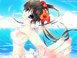 Rule 34 | 1girl, 888, bikini, blue eyes, bow, brown hair, day, flower, hair flower, hair ornament, head tilt, hibiscus, long hair, looking at viewer, ocean, outdoors, outstretched arms, sky, smile, solo, spread arms, swimsuit, twintails, watermark, web address, white bikini