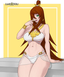 Rule 34 | 1girl, abs, arm support, bikini, brown hair, commission, cowboy shot, curvy, egyptian clothes, female focus, finger to mouth, green eyes, kameseru, lipstick, long hair, looking at viewer, makeup, mature female, midriff, naruto, naruto (series), naruto shippuuden, navel, parted lips, revealing clothes, sitting, smile, solo, swimsuit, terumi mei, toned female, topknot, very long hair, wide hips