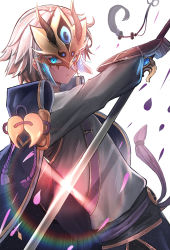 Rule 34 | 1boy, blouse, blue eyes, falling petals, fate/grand order, fate (series), floating, gauntlets, glint, gloves, grey shirt, highres, holding, holding sword, holding weapon, horned mask, looking at viewer, male focus, mask, parted lips, pasoputi, petals, prince of lan ling (fate), shirt, short hair, silver hair, simple background, solo, standing, sword, tagme, weapon, white background