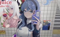 Rule 34 | 1girl, ako (blue archive), alternate costume, badge, bag, black hairband, blue archive, blue eyes, blue hair, breasts, button badge, cellphone, cellphone charm, charm (object), cjsdh1000, closed mouth, cup, hair between eyes, hairband, halo, highres, hina (blue archive), holding, holding phone, hood, hood down, horns, long sleeves, medium breasts, phone, poster (object), purple eyes, smartphone, solo, stairs, upper body, white hair