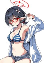 Rule 34 | 1girl, ayane (blue archive), ayane (swimsuit) (blue archive), bikini, black hair, blue archive, breasts, cleavage, collarbone, drawstring, front-tie bikini top, front-tie top, hair ornament, halo, hirowa nagi, hood, hoodie, long sleeves, looking at viewer, medium breasts, micro shorts, navel, no shirt, open fly, pointy ears, short hair, shorts, simple background, solo, stomach, striped bikini, striped clothes, sweat, swimsuit, white background, white hoodie, yellow eyes