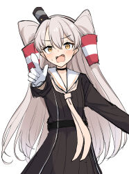 Rule 34 | 1girl, amatsukaze (kancolle), angry, belt, black belt, black choker, black dress, blush, brown neckerchief, choker, commentary, cowboy shot, dress, fangs, gloves, grey hair, hair between eyes, hair tubes, headband, highres, kantai collection, long hair, long sleeves, looking at viewer, neckerchief, one-hour drawing challenge, open mouth, pointing, pointing at viewer, sailor collar, sailor dress, sakikumo (sakumo), simple background, smokestack hair ornament, solo, standing, sweatdrop, two side up, white background, white gloves, white sailor collar, yellow eyes