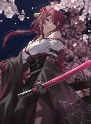 Rule 34 | 1girl, absurdres, alternate costume, arm belt, bakemonsou, bare shoulders, black sash, blurry, breasts, cherry blossoms, commentary request, double-parted bangs, earrings, flower, gloves, grin, hair flower, hair ornament, highres, holding, holding sword, holding weapon, honkai: star rail, honkai (series), japanese clothes, jewelry, kafka (honkai: star rail), large breasts, long hair, long sleeves, night, outdoors, parted lips, pink gloves, purple eyes, purple hair, sash, smile, solo, spider web print, sword, weapon, wide sleeves