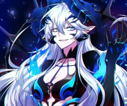 Rule 34 | age progression, bad id, bad twitter id, black background, blue eyes, breasts, cleavage, cleavage cutout, clothing cutout, demon girl, elsword, empty eyes, energy, erun-cbal-, horns, iblis (elsword), long hair, luciela r. sourcream, pointy ears, spikes, symbol-shaped pupils, white hair