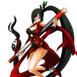 Rule 34 | 1girl, :&lt;, arc system works, black bra, black hair, blazblue, blazblue: calamity trigger, blazblue: continuum shift, blunt bangs, boots, bra, breasts, china dress, chinese clothes, cleavage, cleavage cutout, clothing cutout, dress, fighting stance, glasses, hair ornament, katou yuuki, lao jiu, large breasts, legs, lingerie, litchi faye ling, long hair, naughty face, official art, panda, ponytail, purple eyes, red eyes, side ponytail, smile, solo, staff, transparent background, turtleneck, underwear, very long hair, weapon, yin yang, yuki kato