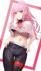 Rule 34 | 1girl, bare arms, bare shoulders, black pants, breasts, cowboy shot, crop top, crop top overhang, earrings, fishnets, groin, highres, hololive, hololive english, hoop earrings, jewelry, large breasts, long hair, looking at viewer, midriff, mori calliope, mori calliope (streetwear), nail polish, navel, necklace, pants, pink hair, ponytail, red eyes, red nails, ru zhai, shirt, sidelocks, sleeveless, sleeveless shirt, smile, solo, standing, stomach, strap slip, thigh gap, undershirt, virtual youtuber, white shirt