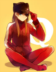Rule 34 | 10s, 1girl, :&lt;, adjusting clothes, adjusting headwear, animal hat, badge, baseball cap, blue eyes, button badge, cat cap, cat hat, evangelion: 3.0 you can (not) redo, eyepatch, hand in pocket, hasegawa (yonbunnoichi), hat, hat tip, indian style, jacket, jersey, lapel pin, long hair, looking at viewer, neon genesis evangelion, orange background, orange hair, pin, plugsuit, rebuild of evangelion, simple background, sitting, solo, souryuu asuka langley, track jacket, turtleneck